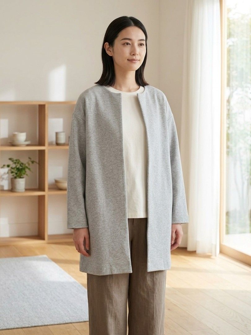 MUJI Grey Collarless Long Cardigan (Category: Coats, Jackets and Outerwear) located in San Juan City. Submitted by marie_d_r (Listing ID 1461717478, Image 1). Description: - MUJI grey collarless long cardigan - Comfortable cotton blend fabric - Simple open-front design, minimalist - Ideal for layering - Size: XS-S but runs big, can fit S-M .