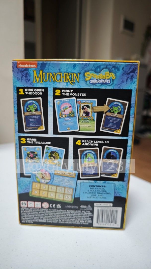 Munchkin SpongeBob SquarePants w/ Freebies (Category: Board Games & Puzzles) located in Quezon City. Submitted by jollyjuly123 (Listing ID 1461666944, Image 2). Description: - Munchkin SpongeBob SquarePants card game - Based on Steve Jackson's Munchkin - Includes game cards and plastic trackers - Fun for 3-6 players - Recommended for ages 10+ - Great for fans of SpongeBob and Munchkin Freebies: 🆓 - SpongeBob SquarePants Figures Condition: - Good