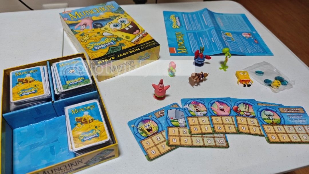 Munchkin SpongeBob SquarePants w/ Freebies (Category: Board Games & Puzzles) located in Quezon City. Submitted by jollyjuly123 (Listing ID 1461666944, Image 3). Description: - Munchkin SpongeBob SquarePants card game - Based on Steve Jackson's Munchkin - Includes game cards and plastic trackers - Fun for 3-6 players - Recommended for ages 10+ - Great for fans of SpongeBob and Munchkin Freebies: 🆓 - SpongeBob SquarePants Figures Condition: - Good