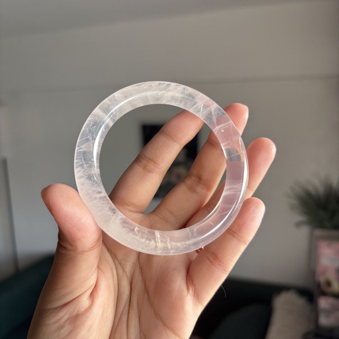 Natural Rose Quartz Gemstone Bangle 58.6mm (Category: Bracelets) located in Pasig City. Submitted by bleuvelyatelier (Listing ID 1456925597, Image 1). Description: -Natural Rose Quartz -Natural Gemstone -58.6mm size inner diameter -10.2mm width -comes with certificate -Please note for this bangle it has one small natural pit/indentation it is normal for authentic natural gemstones, please see 6th photo. Payment via GCash or Bank Transfer .