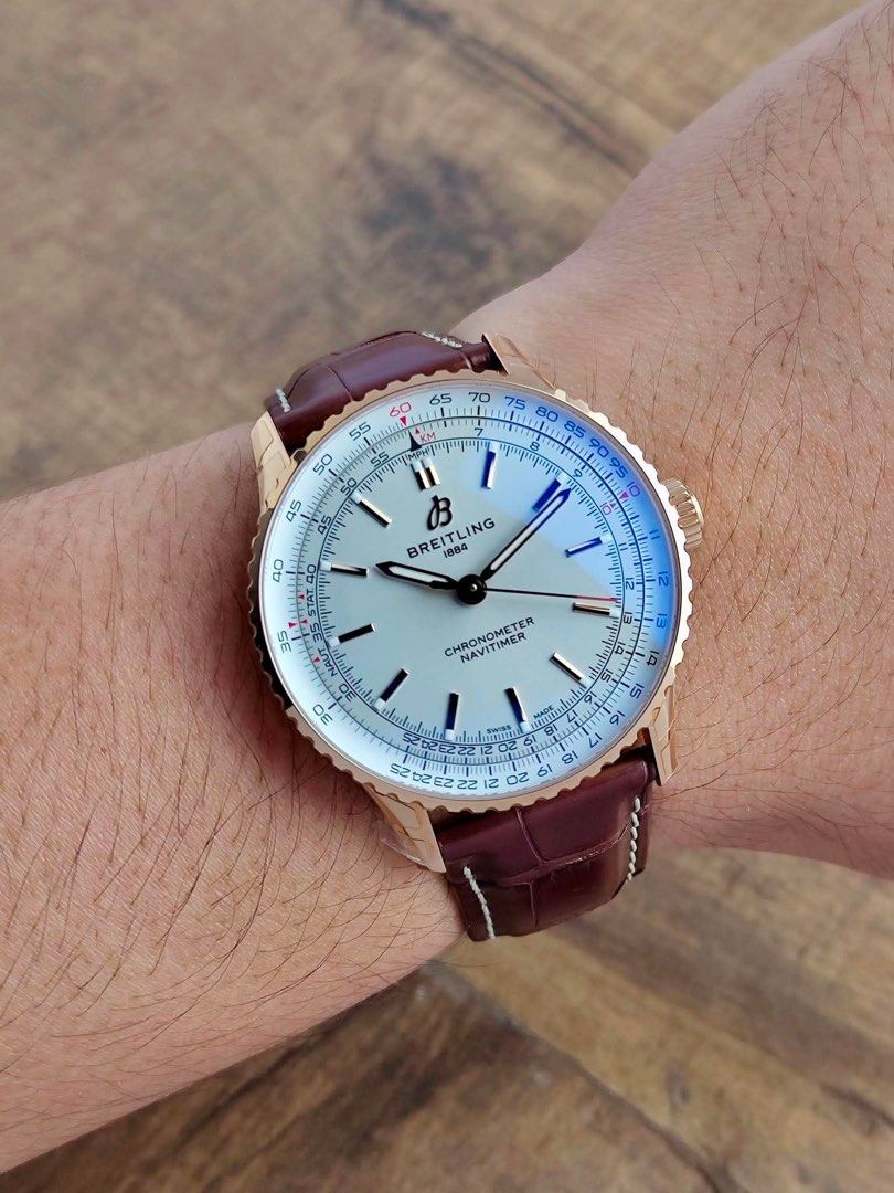 Navitimer Automatic RG NOS 41mm (Category: Men's Watches) located in Makati City. Submitted by swissperpetual (Listing ID 1461643353, Image 2). Description: Breitling Navitimer RG Automatic 41mm R17329F41G1P1 2024 (NOS) Condition: 9.9/10 (New Old stock with factory stickers) Price: P548,000 Negotiable 🤝 7 Day Moneyback Guarantee 🧑‍🔧 1 Year SP Service Warranty 💱 Trades Offers and Pre-orders Accepted 💳 Credit Card Options Available 🪙 Layaway 