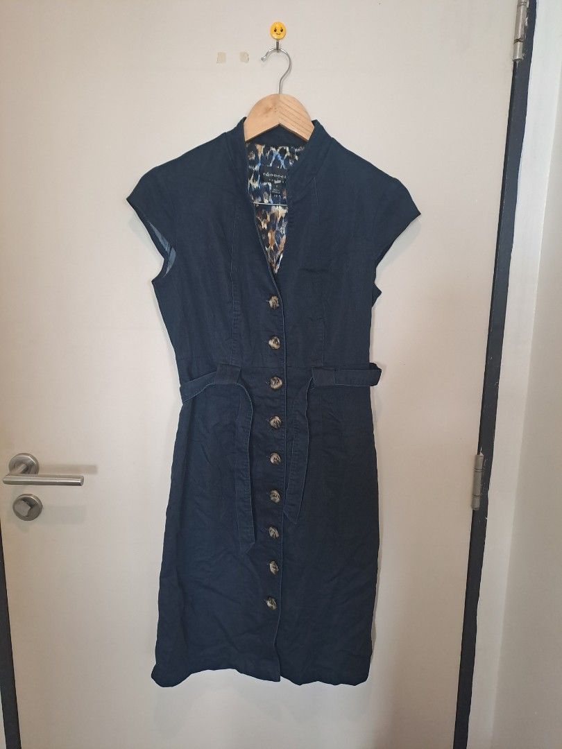 Navy blue dress (Category: Dresses) located in Manila. Submitted by joanbalde39643 (Listing ID 1461589010, Image 1). Description: The image shows a Connected Apparel dark navy blue cap-sleeve sheath dress featuring a distinctive leopard print inner lining. It is constructed from a stretch fabric and is designed with button accents down the front..