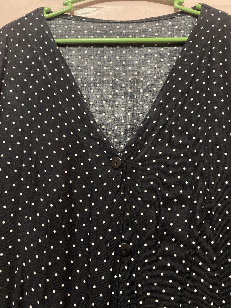 Navy Blue Polka Dot Button-Up Dress (Category: Dresses) located in Manila. Submitted by angelaay143 (Listing ID 1461771420, Image 2). Description: - Black dress - White polka dot pattern - V-neckline with button-up front - Short sleeves - Easy to style - Needs laundry stored too long at the cabinet.