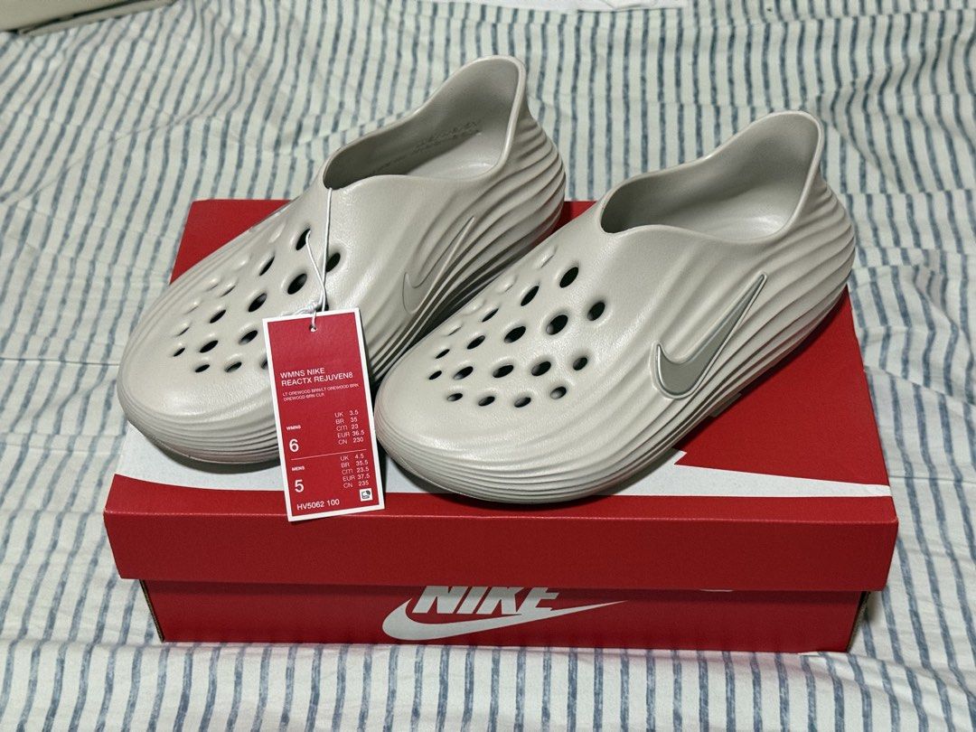 Nike ReactX Rejuven8 Women’s Size 6 (Category: Slippers and slides) located in Pasig City. Submitted by metaxgross (Listing ID 1461797634, Image 1). Description: Nike’s viral recovery shoes in Light Orewood Brown. Ideal for post-exercise use but can be worn casually as well. Extra pair. Authentic. SRP: 3,895.