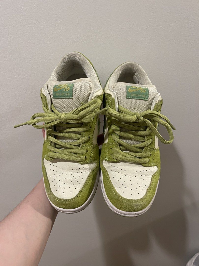 Nike SB Dunk Low "Green Apple" (“Sour Apple”) (Category: Sneakers) located in Taguig. Submitted by jdrmds (Listing ID 1461667277, Image 1). Description: Style Code: DM0807-300Colorway: Coconut Milk / Atomic Green / Chlorophyll / University Green Original Retail Price: $110 USD Design Features: Off-white/coconut milk tumbled leather base with textured atomic green suede overlays, dark green swooshes, and quirky cartoon apple graphics on the inner 
