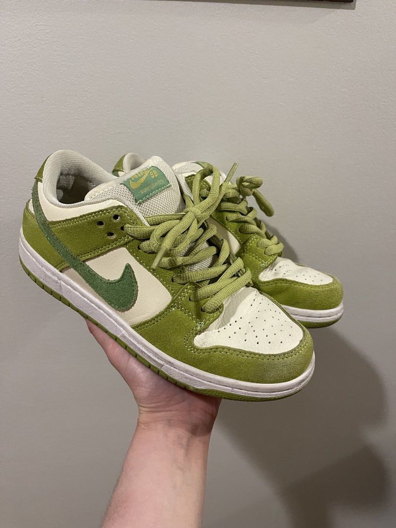 Nike SB Dunk Low "Green Apple" (“Sour Apple”) (Category: Sneakers) located in Taguig. Submitted by jdrmds (Listing ID 1461667277, Image 2). Description: Style Code: DM0807-300Colorway: Coconut Milk / Atomic Green / Chlorophyll / University Green Original Retail Price: $110 USD Design Features: Off-white/coconut milk tumbled leather base with textured atomic green suede overlays, dark green swooshes, and quirky cartoon apple graphics on the inner 