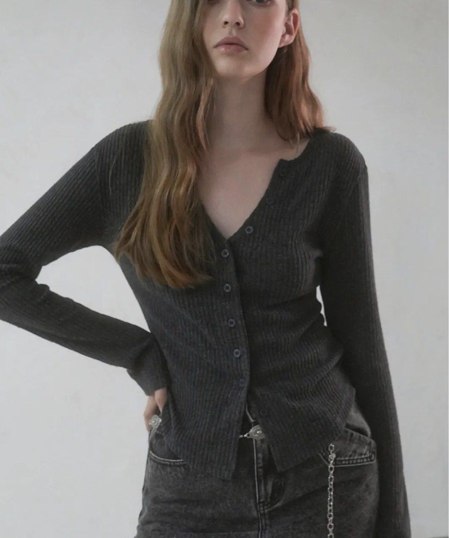 NYMPH Soft Ribbed V-neck Cardigan (Category: Coats, Jackets and Outerwear) located in Davao. Submitted by yannrussel00 (Listing ID 1461701958, Image 1). Description: Size fits Medium Dimes W15.5 x L20 laid flat Condition 10/10 Like new Ganda nito. Makapal yung tela nya No issue First pic like when worn purposes only. Not the same item .