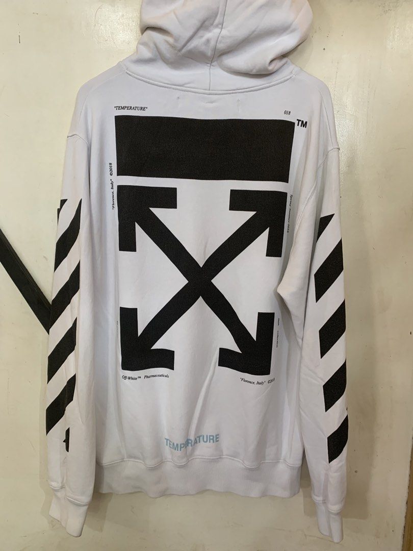 OFF-WHITE Mona Lisa Temperature Hoodie White (Category: Hoodies) located in Marawi City. Submitted by biidnillah (Listing ID 1461595155, Image 2). Description: - Authentic OFF-WHITE hoodie in white. - Features iconic Mona Lisa graphic on the front. - Signature diagonal stripes on the sleeves. - OFF-WHITE logo prominently displayed on the back. - dimes:w23L28 - Please check photos for detailed condition..