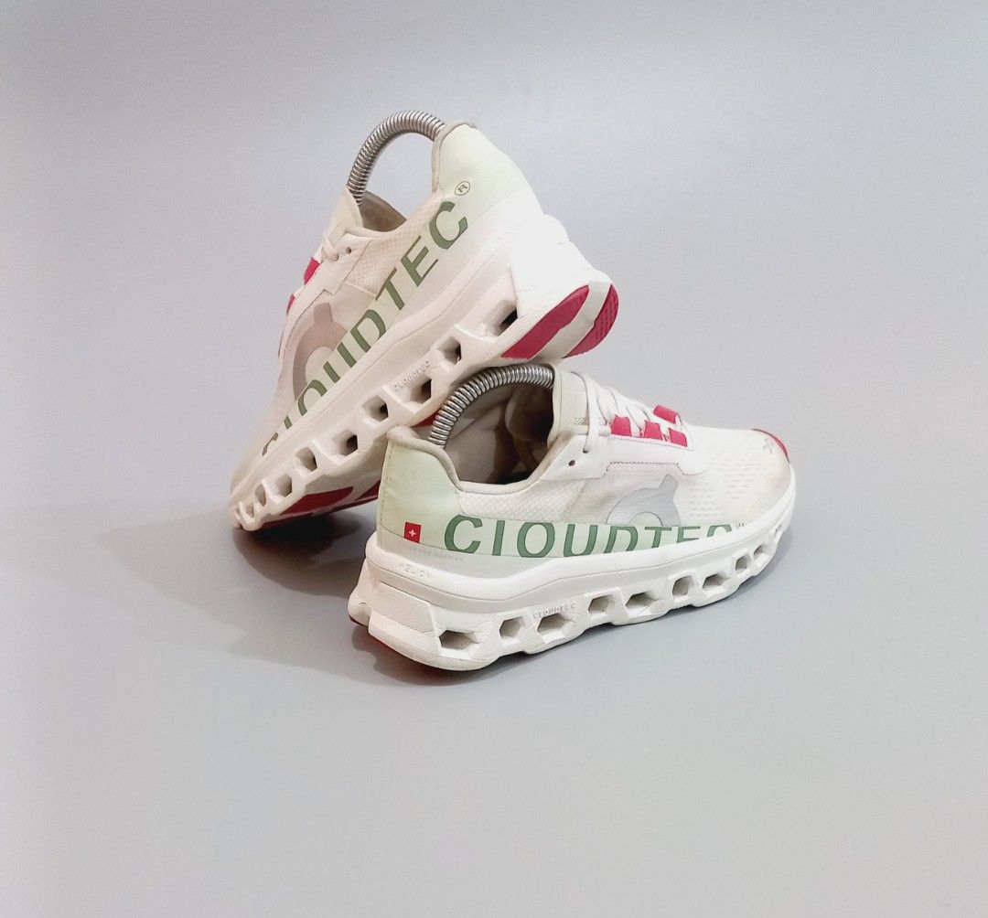 On Cloudtec Running Shoes White Pink (Category: Sneakers) located in Cebu City. Submitted by MrLiks_123 (Listing ID 1461564889, Image 1). Description: On Cloudmonster One of the best selling colorways (White/Lima ), featuring a white mesh upper with signature chunky CloudTec cushioning and bright pink eyelets. Size 7 us / 38 eur / 24 cm Gently used, in great well-Maintained condition 👌 Cebu location Dm.🙇.