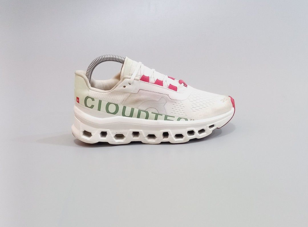 On Cloudtec Running Shoes White Pink (Category: Sneakers) located in Cebu City. Submitted by MrLiks_123 (Listing ID 1461564889, Image 2). Description: On Cloudmonster One of the best selling colorways (White/Lima ), featuring a white mesh upper with signature chunky CloudTec cushioning and bright pink eyelets. Size 7 us / 38 eur / 24 cm Gently used, in great well-Maintained condition 👌 Cebu location Dm.🙇.