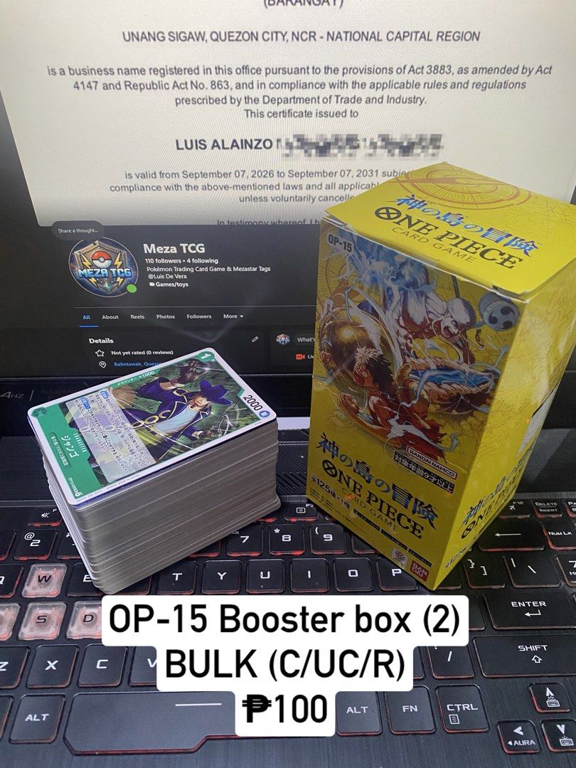 One piece TCG, Bulk from Booster Boxes (Category: Raw Singles) located in Manila. Submitted by luis_alainzo (Listing ID 1461757462, Image 2). Description: Selling each box, 100 each Negotiable if take all.