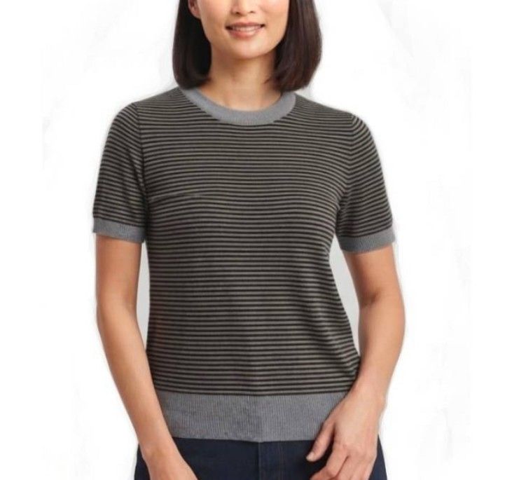 One-K Knitted Striped Ringer Tops (Category: Shirts) located in Quezon City. Submitted by panapton.ph (Listing ID 1461641982, Image 1). Description: -FLASH SALE ONLY 700 -Brandnew Bangkok Tops -Brand: ONE-K -Actual item post -Size fit 34 to 44bust -Material Knitted Cotton Fabric - Style: Short-sleeve crewneck knit top / tee -​Pattern: Horizontal fine stripes (charcoal/dark brown and gray) -Ribbed crew neckline, cuffs, and hem in solid gray;.