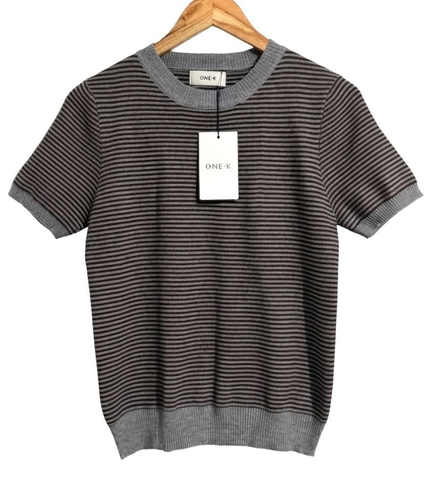 One-K Knitted Striped Ringer Tops (Category: Shirts) located in Quezon City. Submitted by panapton.ph (Listing ID 1461641982, Image 2). Description: -FLASH SALE ONLY 700 -Brandnew Bangkok Tops -Brand: ONE-K -Actual item post -Size fit 34 to 44bust -Material Knitted Cotton Fabric - Style: Short-sleeve crewneck knit top / tee -​Pattern: Horizontal fine stripes (charcoal/dark brown and gray) -Ribbed crew neckline, cuffs, and hem in solid gray;.