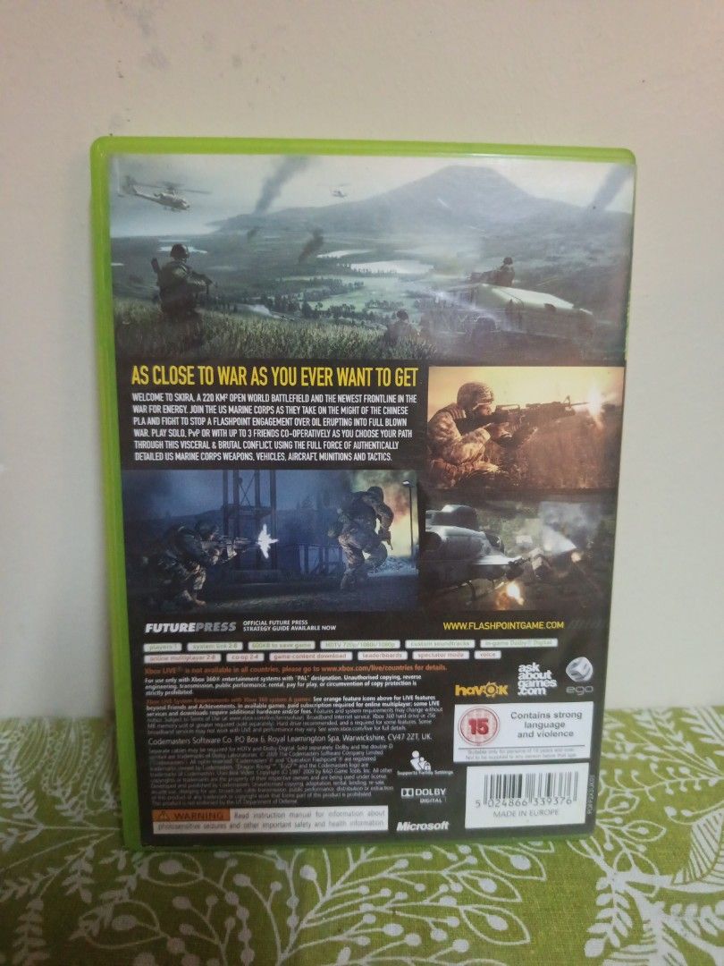 Operation Flashpoint Dragon Rising Xbox 360 Game (Category: Xbox) located in Muntinlupa City. Submitted by markkeub (Listing ID 1461752141, Image 2). Description: - Operation Flashpoint Dragon Rising for Xbox 360 - Intense first-person shooter gameplay - Explore a massive 220 km open world battlefield - Play solo or with up to 3 friends in co-operative mode - Choose your own path through the war - Features intense combat and tactical gameplay - I