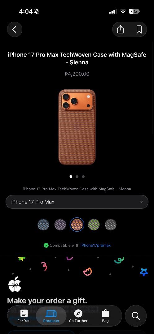 Original iphone17 pro max tech woven case (Category: Cases & Sleeves) located in Taguig. Submitted by rockstar8 (Listing ID 1461647173, Image 1). Description: Original in box used once then after 3 days magbak case arrived. With free screen protector for same phone.