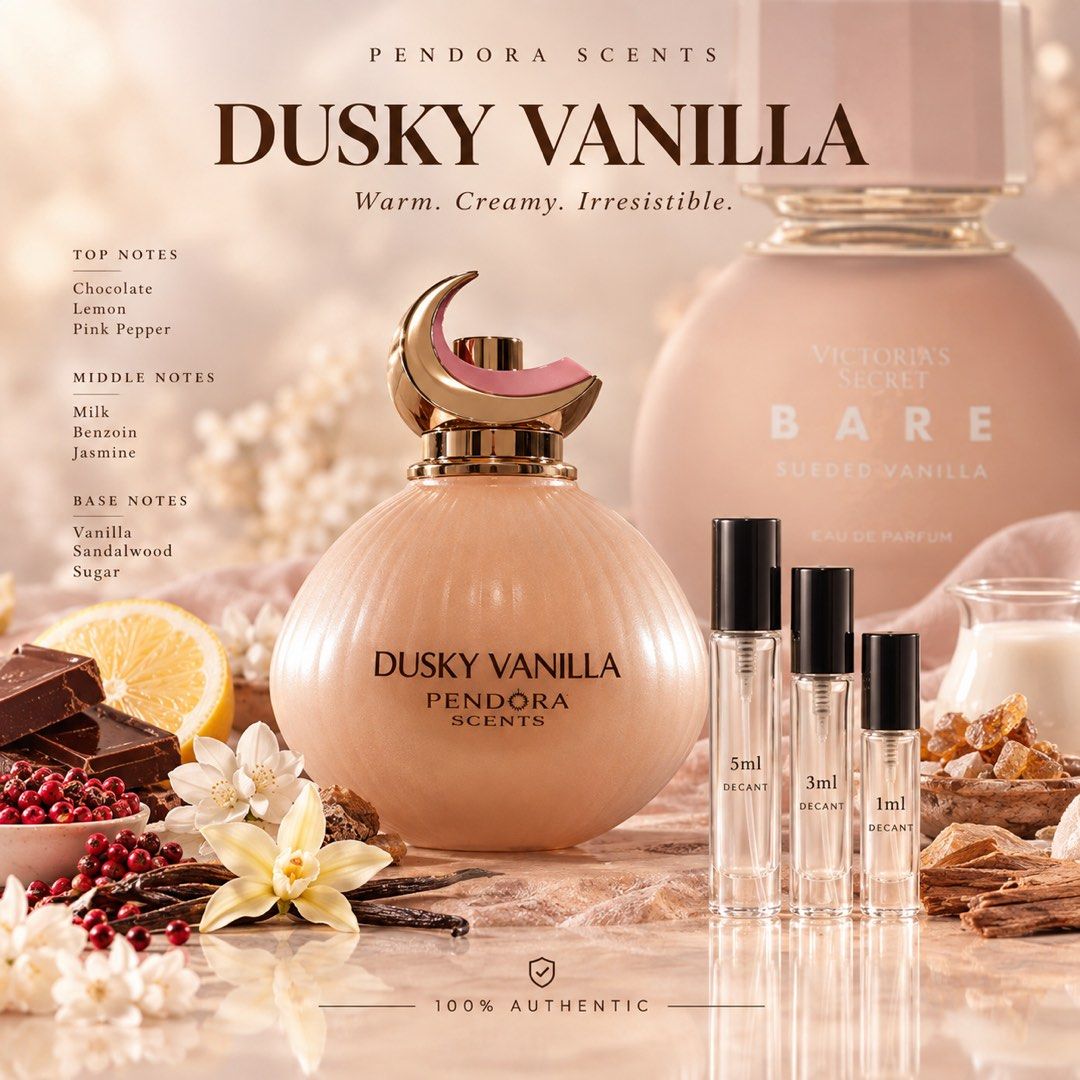 PENDORA Dusky Vanille DECANT ONLY (Category: Fragrance & Deodorants) located in Quezon City. Submitted by purpleporcupine (Listing ID 1461567558, Image 1). Description: PENDORA DUSKY VANILLE 🍦✨ A sweet, creamy vanilla gourmand inspired by Victoria’s Secret Bare Sueded Vanilla. 💭 Smells like: Soft, cozy suede wrapped in warm, creamy vanilla. 🍦 Notes: Vanilla • Suede • Sweet accords ⏳ Longevity: 6–8 hours | Moderate sillage Perfect for lovers of