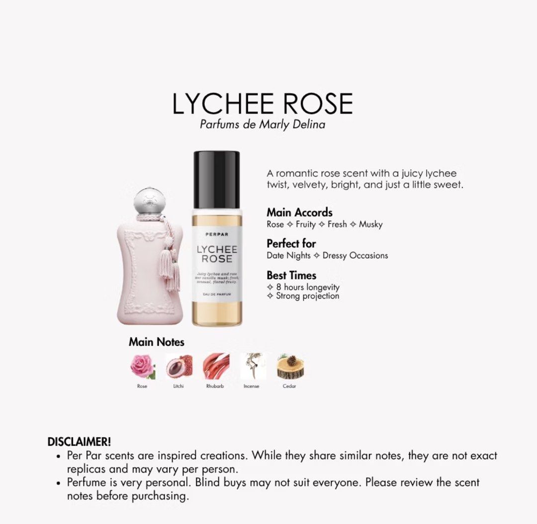 PERPAR Lychee Rose Eau de Parfum Inspired by Delina (Category: Fragrance & Deodorants) located in Manila. Submitted by alyssaaaa09 (Listing ID 1461673558, Image 1). Description: - Lychee Rose Eau de Parfum: Inspired by Parfums de Marly Delina. - Scent Profile: Romantic rose with juicy lychee, fruity, fresh, and musky accords. - Occasion: Ideal for date nights and dressy events. - Performance: Approximately 8 hours longevity with strong projection