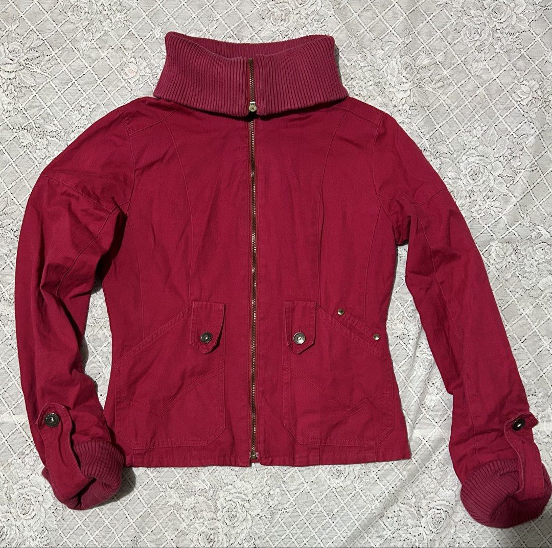 Pink Collared Zip-Up Jacket (Category: Coats, Jackets and Outerwear) located in Plaridel. Submitted by ilovebubu28 (Listing ID 1461633241, Image 3). Description: - Pink jacket - Unique high collar - Zip-up front - Buttoned pockets - Cuffed sleeves and hem - Ideal for layering.