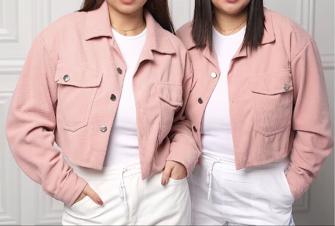 Pink Corduroy Cropped Jacket (Category: Coats, Jackets and Outerwear) located in Manila. Submitted by alyssaaaa09 (Listing ID 1461675687, Image 1). Description: - Cute pink corduroy jacket - Cropped style - Button-up front - Features chest pockets - Ideal for layering - Pairs well with jeans or white pants - Effortless casual look NEVER USED dm for more pics.