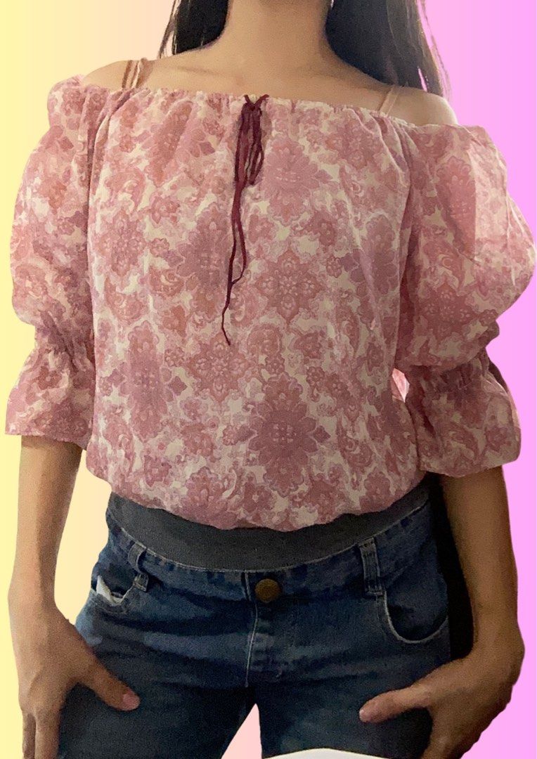 pink paisley off-shoulder top (Category: Blouses) located in Alfonso. Submitted by glenngarcia03 (Listing ID 1461780566, Image 2). Description: small to medium.