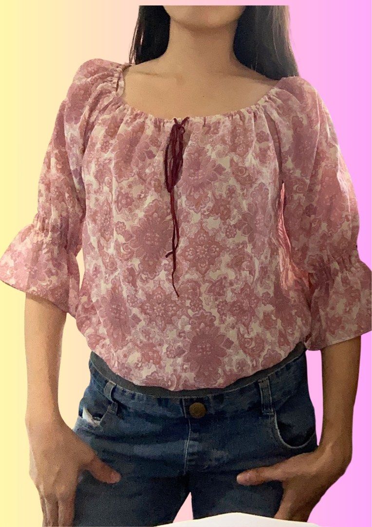 pink paisley off-shoulder top (Category: Blouses) located in Alfonso. Submitted by glenngarcia03 (Listing ID 1461780566, Image 3). Description: small to medium.