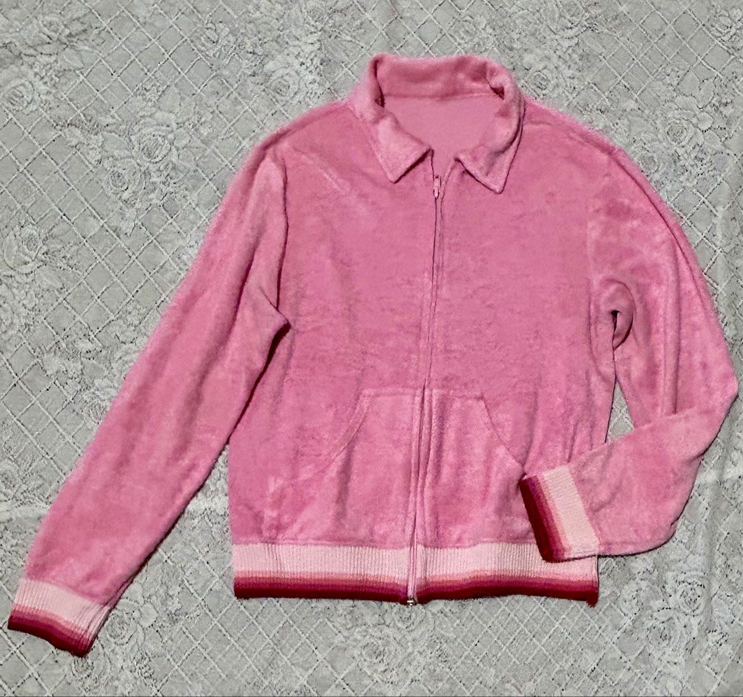 Pink Velour Zip-Up Jacket with Striped Cuffs (Category: Coats, Jackets and Outerwear) located in Plaridel. Submitted by ilovebubu28 (Listing ID 1461633354, Image 1). Description: - Super soft pink velour fabric - Zip-up front with a collar - Two convenient front pockets - Adorable striped detail on cuffs and hem - Ideal for lounging or casual outings - Effortless to wear.