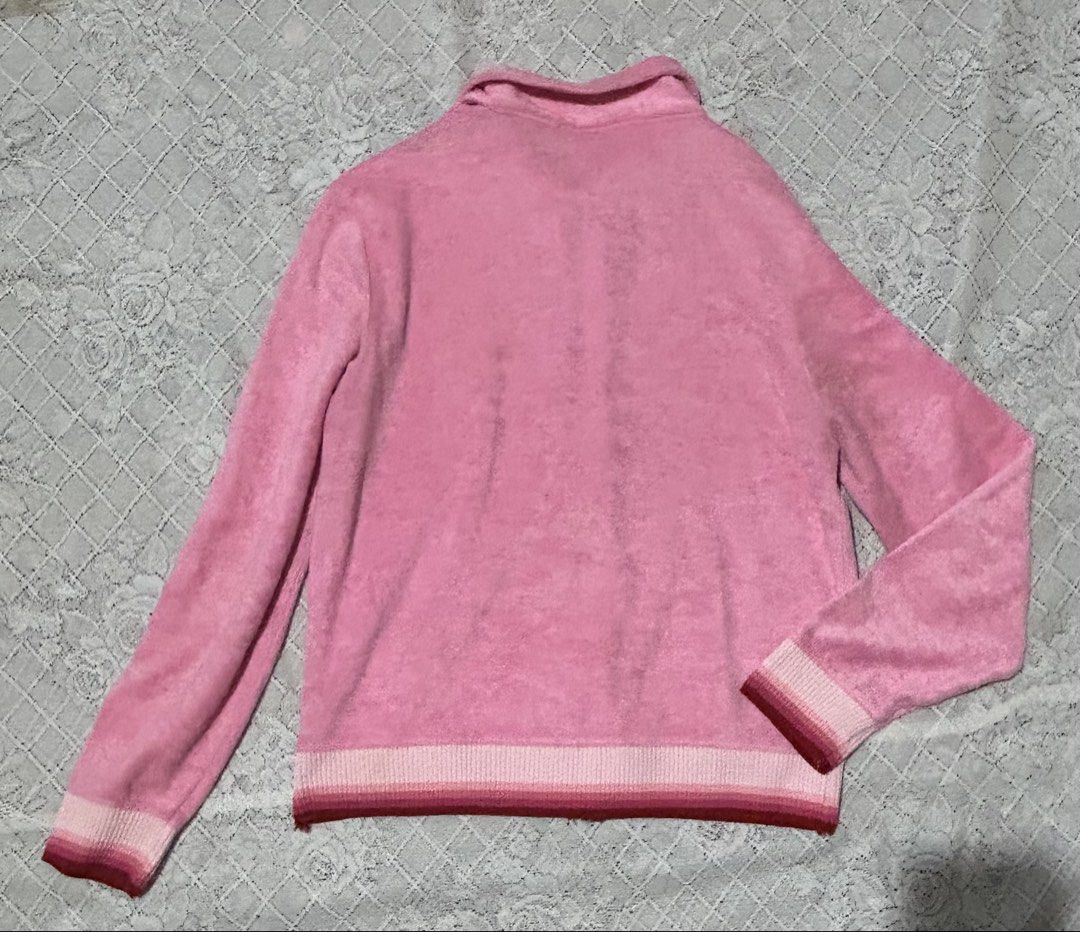 Pink Velour Zip-Up Jacket with Striped Cuffs (Category: Coats, Jackets and Outerwear) located in Plaridel. Submitted by ilovebubu28 (Listing ID 1461633354, Image 3). Description: - Super soft pink velour fabric - Zip-up front with a collar - Two convenient front pockets - Adorable striped detail on cuffs and hem - Ideal for lounging or casual outings - Effortless to wear.