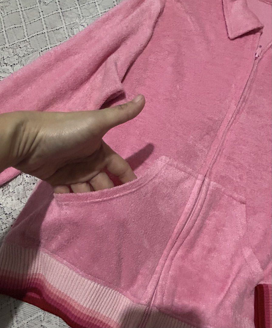 Pink Velour Zip-Up Jacket with Striped Cuffs (Category: Coats, Jackets and Outerwear) located in Plaridel. Submitted by ilovebubu28 (Listing ID 1461633354, Image 2). Description: - Super soft pink velour fabric - Zip-up front with a collar - Two convenient front pockets - Adorable striped detail on cuffs and hem - Ideal for lounging or casual outings - Effortless to wear.
