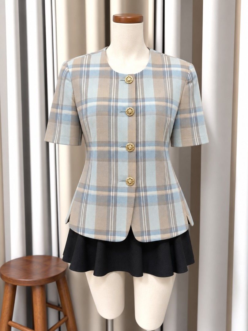 Plaid Blush Blue Lightweight Short sleeve Blazer (Category: Coats, Jackets and Outerwear) located in Taguig. Submitted by vm.co (Listing ID 1461677083, Image 1). Description: Perfect for: • Corporate office wear • Business travel • Smart casual outfits • Rainy or cool weather • Capsule wardrobe • Everyday sophisticated styling Condition: Appears to be in very good preloved condition with no visible major stains, tears, or discoloration in the pho
