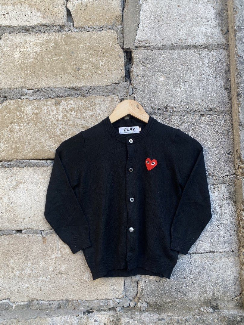 Play CDG Cardigan (Category: Coats, Jackets and Outerwear) located in Candaba. Submitted by dejesus.bench17 (Listing ID 1461792883, Image 1). Description: Comme des Garcons Play Cardigan -Color: Black -Condition: Excellent -Color rate: 9/10 -Issue: See last pic -Dimes: W15 L17 -Price: 650 + ship.