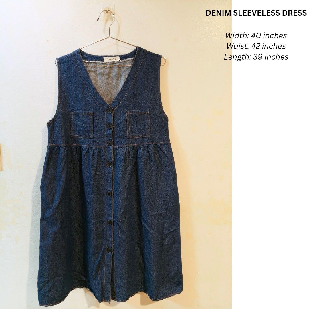 PLUS SIZE SLEEVELESS DENIM DRESS (Category: Dresses) located in Quezon City. Submitted by trendyretro (Listing ID 1461659677, Image 1). Description: only worn once Looks like 💯 Brand new with 2 side pockets and 2 front pockets Plus size Thick dark blue denim fabric.