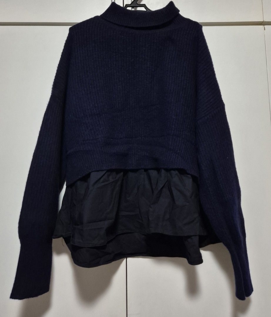 Plus Size Sweater with Layered Skirt (Category: Coats, Jackets and Outerwear) located in Manila. Submitted by sorayabarr50152 (Listing ID 1461741729, Image 1). Description: - Dark Navy blue ribbed turtleneck sweater - Wide sleeves - Layered skirt detail at the bottom - Estimated size: Large.