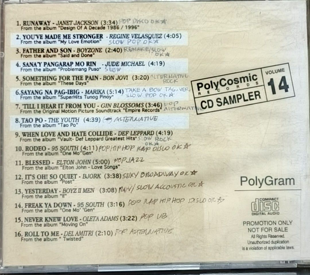 PolyCosmic Records CD Sampler Volume 14 (Category: CDs & DVDs) located in Manila. Submitted by ruelcabrer77078 (Listing ID 1461772067, Image 3). Description: - PolyCosmic Records CD Sampler Volume 14 - Features tracks from Janet Jackson, Boyzone, Def Leppard, Elton John, Regine Velasquez, Bon Jovi, and more. - This is a promotional copy, not for sale. - Includes handwritten notes on the tracklist..