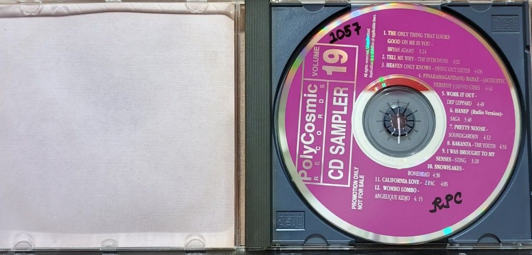 PolyCosmic Records CD Sampler Volume 19 (Category: CDs & DVDs) located in Manila. Submitted by ruelcabrer77078 (Listing ID 1461772212, Image 2). Description: - PolyCosmic Records CD Sampler Volume 19 - Features artists: Bryan Adams, The Introvoys, Def Leppard, Sting, and more - Genres include: Pop Rock, Alternative, Hip Hop - This is a promotional copy, not for sale - Perfect for collectors and music enthusiasts.
