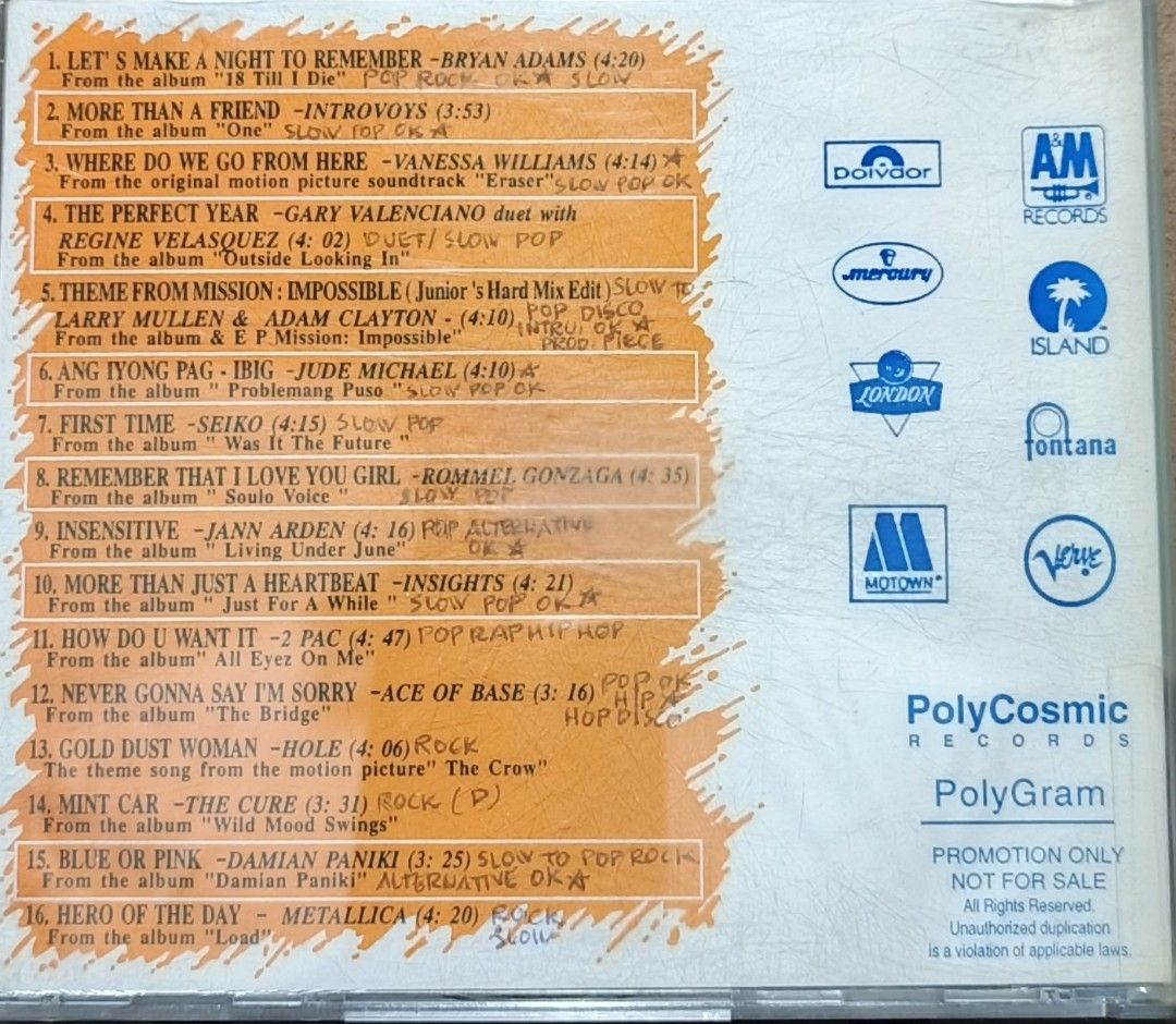 PolyCosmic Records Sampler Vol 21 CD Compilation (Category: CDs & DVDs) located in Manila. Submitted by ruelcabrer77078 (Listing ID 1461772283, Image 3). Description: - PolyCosmic Records Sampler Vol 21 CD - Features artists: Introvoys, Jann Arden, Vanessa Williams, Ace of Base - Includes songs from various albums and movie soundtracks - A great collection for music lovers - Promotion only, not for sale.