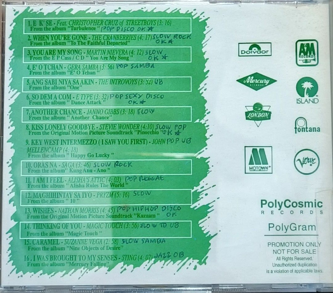 PolyCosmic Records Sampler Vol 22 CD (Category: CDs & DVDs) located in Manila. Submitted by ruelcabrer77078 (Listing ID 1461772357, Image 3). Description: - PolyCosmic Records Sampler Volume 22 CD - Features artists like The Cranberries, Sting, and Suzanne Vega - Includes songs from various albums and movie soundtracks - Excellent compilation for music lovers - Promotion only item, not for sale.