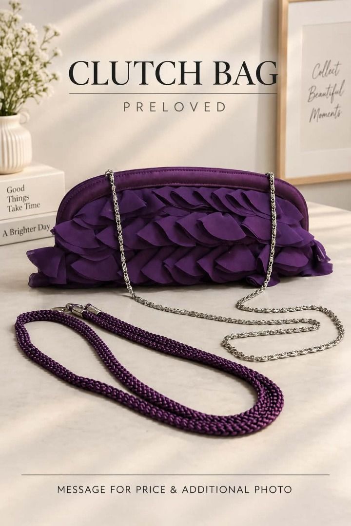 Preloved Purple Ruffled Clutch Bag with Silver Chain Strap (Category: Clutches) located in Binan City. Submitted by croti_by_juliechi (Listing ID 1461575492, Image 1). Description: FOR SALE: Preloved Purple Ruffled Clutch Bag with Silver Chain Strap Php300 PM for additional photo Location/Pick-up: BCPI (Best Chemicals & Plastics, Inc.) PTC, Brgy. Maduya, Carmona, Cavite Mon–Fri, 8AM–4PM (except sat-sun-holiday) https://share.google/0cKZAqs30x1qJm