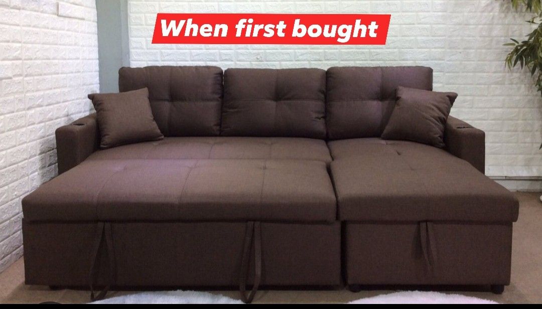 Pre-owned Modern Sofa Set with COMPARTMENT and pull out (Category: Sofas) located in Makati City. Submitted by lvfrnc (Listing ID 1461782751, Image 3). Description: For Sale: Sofa Set Location: Pembo Taguig Issues: Bought at 27k , Selling Price very low to reflect on fabric discoloration & some normal wear on foams. Cosmetically imperfect but still rock-solid & very functional ☺️ ✨A nice couch cover or throw blanket makes it look great! Price: 6,