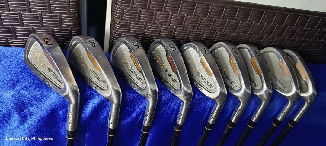 Presto Golf Club Iron Set (Category: Golf) located in Manila. Submitted by yeonmei5614747 (Listing ID 1461619773, Image 1). Description: - Presto Golf Iron Set cavity back type - Includes: 3, 4, 5, 6, 7, 8, 9, Pitching Wedge (P), Sand Wedge (S) - Ideal for golfers looking to upgrade their set - Grips: In decent condition Right handed Club R flex Graphite shaft .