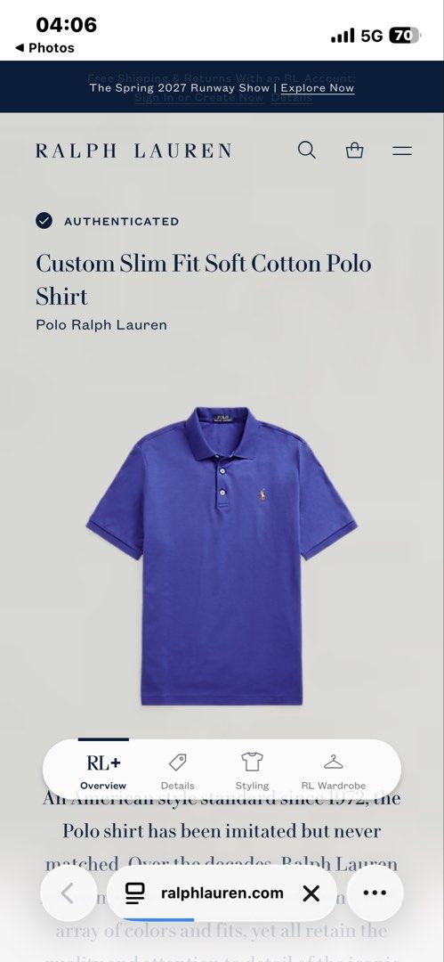 Ralph Lauren Polo Shirt (authentic) (Category: Tshirts & Polo Shirts ) located in Manila. Submitted by niconinii (Listing ID 1461793106, Image 1). Description: - Authentic blue Ralph Lauren Custom Slim Fit Cotton Polo Shirt with qr - Custom slim fit - multi color pony - Soft cotton material - 20x26 - has 1 small slit - Well-maintained - color rate 9.5/10 .