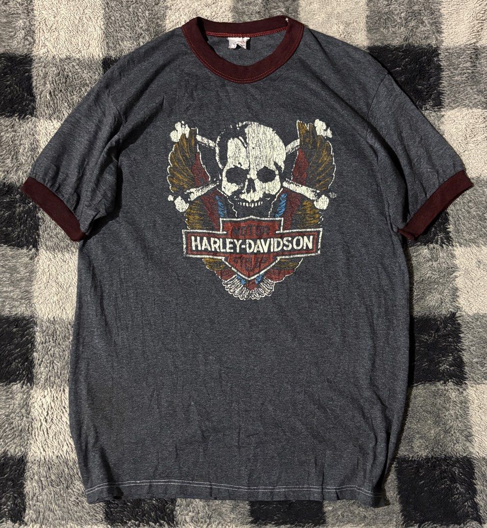 RARE 80s Harley davidson ringer shirt (Category: Tshirts & Polo Shirts ) located in Iloilo. Submitted by randomstash (Listing ID 1461734722, Image 1). Description: RARE 80s harley davidson ringer shirt 19.5/27.5(Lontag fits med) still in great condition despite of its age ! Minimal dirt stain removable IMO 4999 .