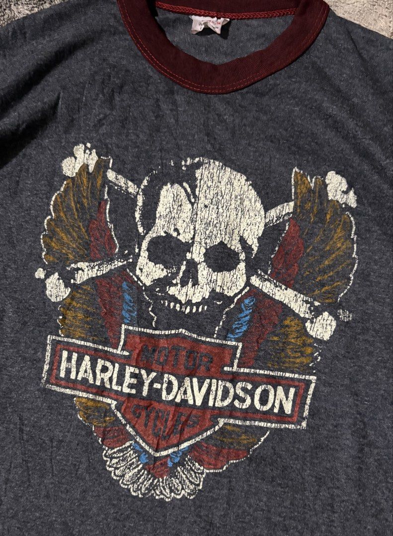 RARE 80s Harley davidson ringer shirt (Category: Tshirts & Polo Shirts ) located in Iloilo. Submitted by randomstash (Listing ID 1461734722, Image 2). Description: RARE 80s harley davidson ringer shirt 19.5/27.5(Lontag fits med) still in great condition despite of its age ! Minimal dirt stain removable IMO 4999 .