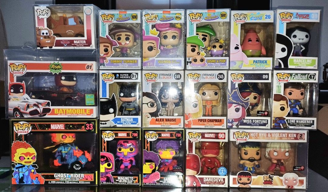 RARE FUNKO POP (Category: Designer & Blind Box Toys) located in Taguig. Submitted by naxinator (Listing ID 1461777099, Image 1). Description: MARVEL / DC #01 Batman + Batmobile - 5000 #33 Ghost Rider Popcultcha - 4000 #90 Daredevil Underground Toys - 1000 Marvel Blacklight SET - SOLD #798 Gambit SE #799 Magneto SE GAMES Hot Ryu & Violent Ken - PHP 2750 #47 Lone wanderer (Fallout) - PHP 895 #09 Miss Fortune (LOL) - 2300 Orange is the New Black SET