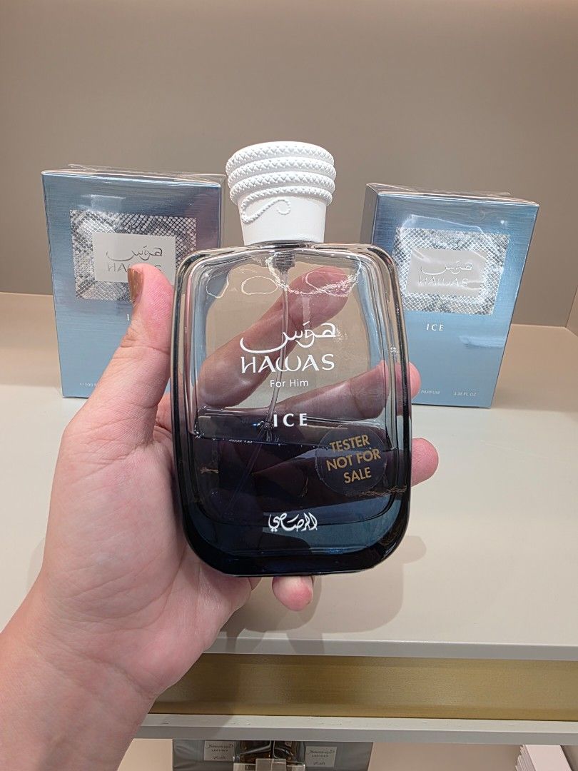 Rasasi Hawas Ice 100ml (Category: Fragrance & Deodorants) located in Rodriguez. Submitted by pasabuymokaykwe_dubai (Listing ID 1461764632, Image 1). Description: ✅️Brand New ✅️From Dubai ✅️Original Hawas Ice by Rasasi is a Aromatic fragrance for men. Hawas Ice was launched in 2023. Top notes are Apple, Italian Lemon, Sicilian Bergamot and Star Anise; middle notes are Plum, Orange Blossom and Cardamon; base notes are Musk, Amber, Driftwood and Mos