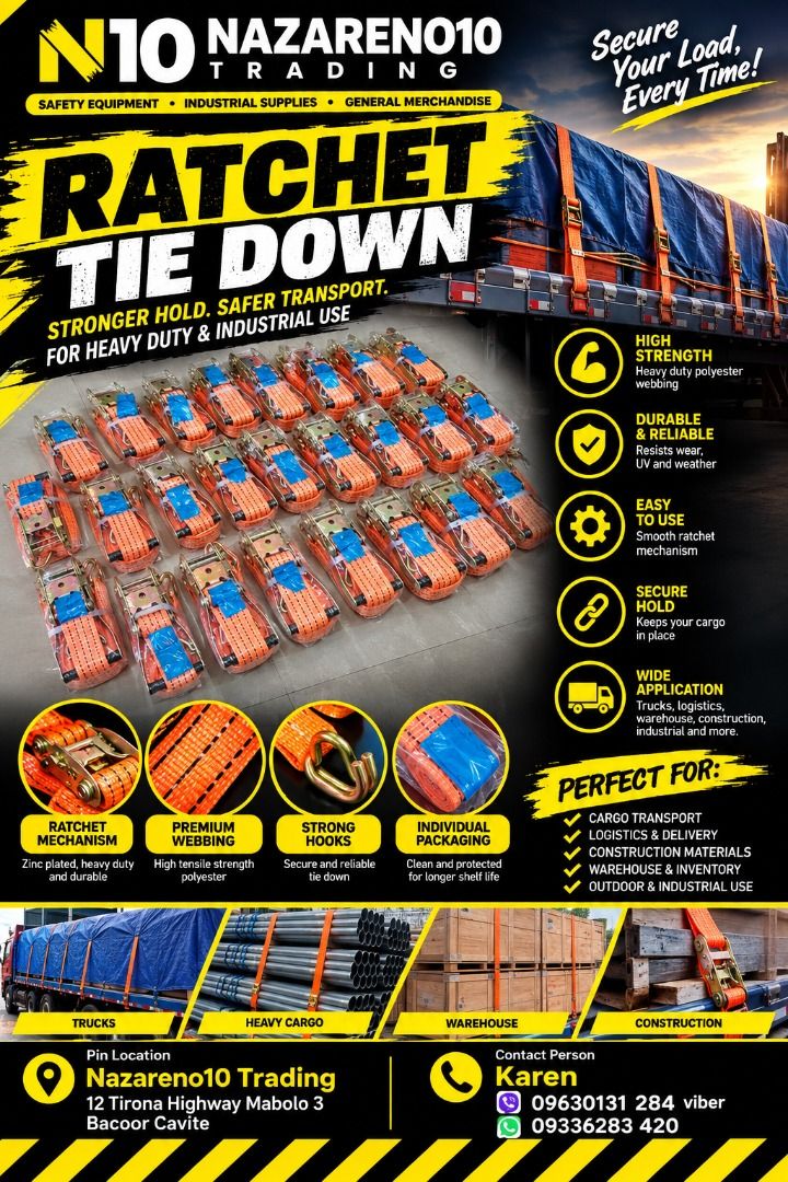 RATCHET TIE DOWN (Category: Looking For) located in Bacoor. Submitted by kajezame.2021 (Listing ID 1461599034, Image 1). Description: RATCHET TIE DOWN For More Details and Discount Contact Ms. Karen NAZARENO 10 TRADING 0963 0131 284 0933 6283 420 0956 7028 557 0933 8559 510 Landline: Look for Ms. Karen (046 ) 416 3920 Also available: • Traffic cone • Parking Block stopper • Hooded trash bin • Road Plastic Barrier • Spill boom • Fishing buoy • Spi