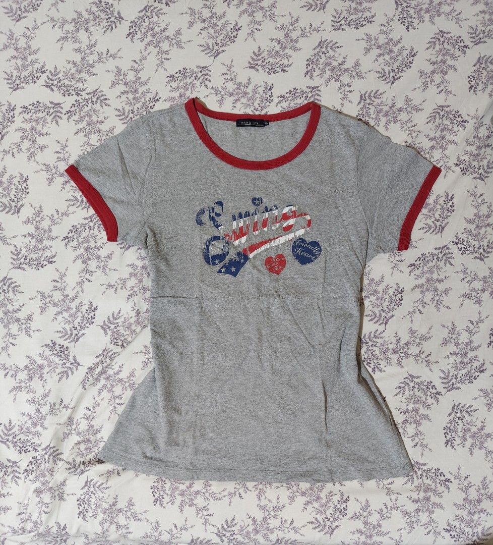 red ringer Y2K-style retro graphic shirt (Category: Shirts) located in Bulacan. Submitted by angel.decluttersx (Listing ID 1461731612, Image 1). Description: small to medium size cotton fabric material no issue.