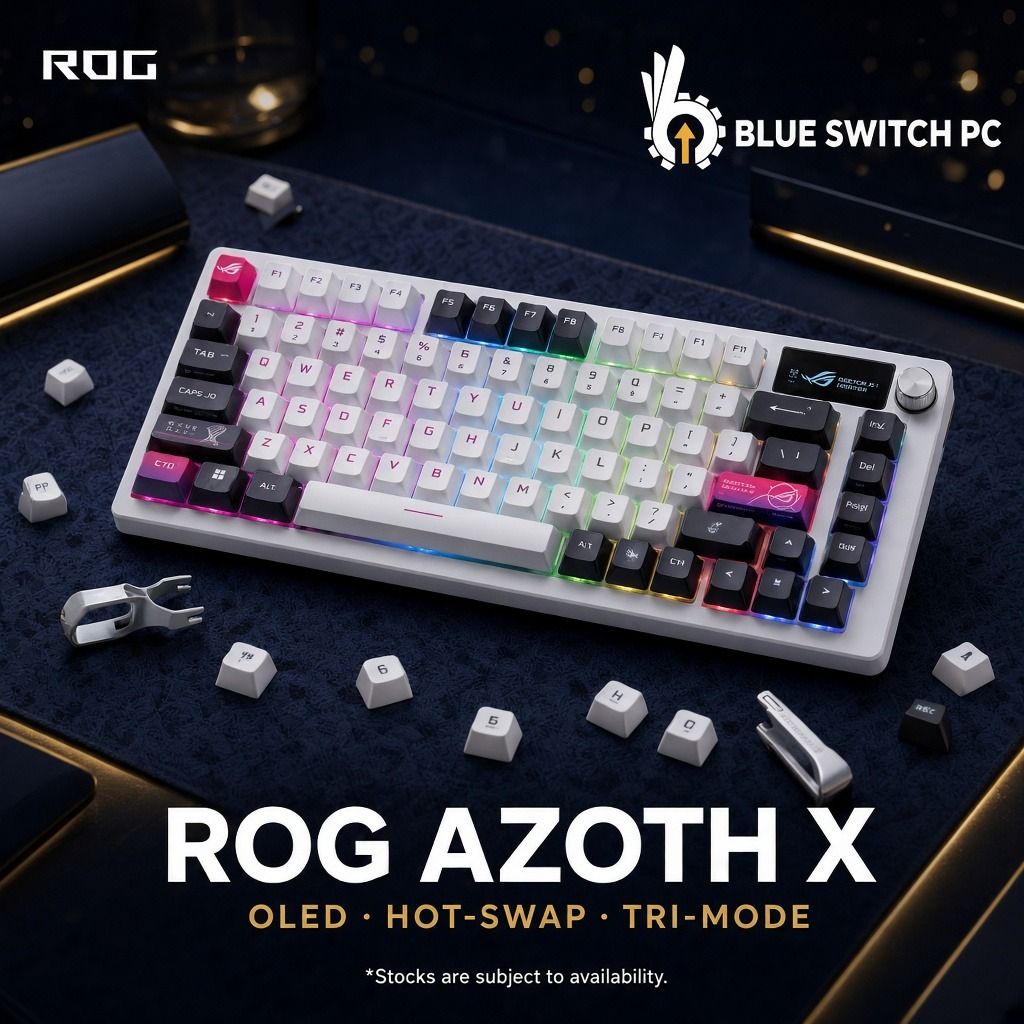 ROG Azoth X OLED Hot-Swap Tri-Mode Keyboard (Category: Computer Keyboard) located in San Juan City. Submitted by blueswitchpc (Listing ID 1461672302, Image 1). Description: Hot-Swap. OLED. Wireless. 👑🔥 𝐍𝐄𝐖 𝐒𝐓𝐎𝐂𝐊 𝐌𝐞𝐬𝐬𝐚𝐠𝐞 𝐟𝐨𝐫 𝐭𝐨𝐝𝐚𝐲’𝐬 𝐜𝐚𝐬𝐡 𝐩𝐫𝐢𝐜𝐞* 𝐀𝐒𝐔𝐒 𝐑𝐎𝐆 𝐀𝐳𝐨𝐭𝐡 𝐗 - ROG Azoth X Specs: • 75% custom wireless gaming keyboard • Hot-swappable ROG NX V2 — Snow (linear) or Storm (clicky) • 2" OLED display + th