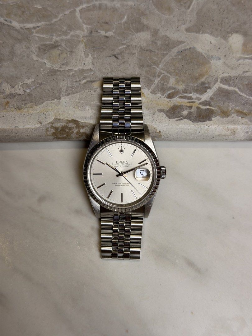 Rolex Datejust (Category: Men's Watches) located in Quezon City. Submitted by LuxPieces (Listing ID 1461752731, Image 1). Description: Rolex Datejust Size 36mm Engineered Bezel Ref. 16220 X Serial, 1992 cert Full set - Watch, box and cert Has Yourtime certification Amazing condition Still has sticker on back case 330k only.