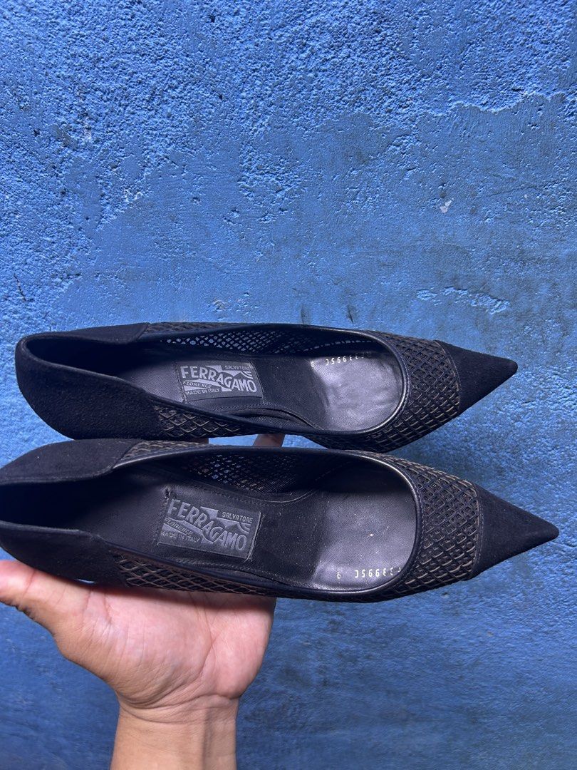 Salvatore Ferragamo Black Suede Mesh Pointed Toe Heels (Category: Heels) located in Quezon City. Submitted by thriftxgoods (Listing ID 1461659080, Image 3). Description: - Authentic Salvatore Ferragamo heels - Elegant black suede and mesh design - Sophisticated pointed toe style - Made in Italy - Size 9 - Versatile for dressing up any outfit.