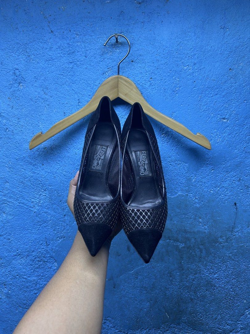 Salvatore Ferragamo Black Suede Mesh Pointed Toe Heels (Category: Heels) located in Quezon City. Submitted by thriftxgoods (Listing ID 1461659080, Image 2). Description: - Authentic Salvatore Ferragamo heels - Elegant black suede and mesh design - Sophisticated pointed toe style - Made in Italy - Size 9 - Versatile for dressing up any outfit.